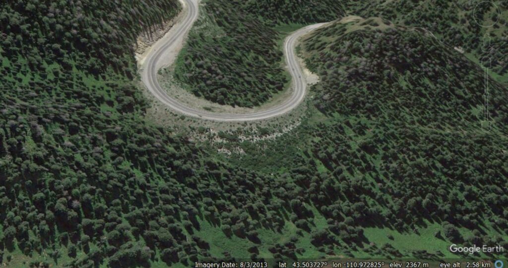 Google Earth image of the site of the 6 to 8 June 2024 landslide on Teton Pass in Wyoming, USA.