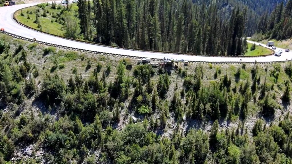 Screenshot from Wyoming Department of Transport footage of the site of the 6 to 8 June 2024 landslide on Teton Pass in Wyoming, USA.