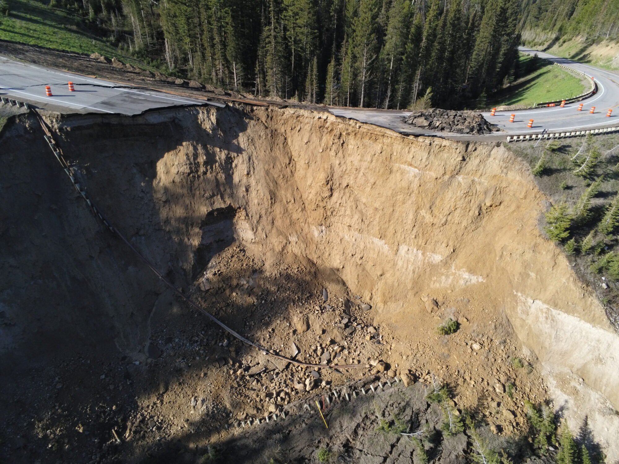 Wyoming Department of Transport image of the site of the 6 to 8 June 2024 landslide on Teton Pass in Wyoming, USA.