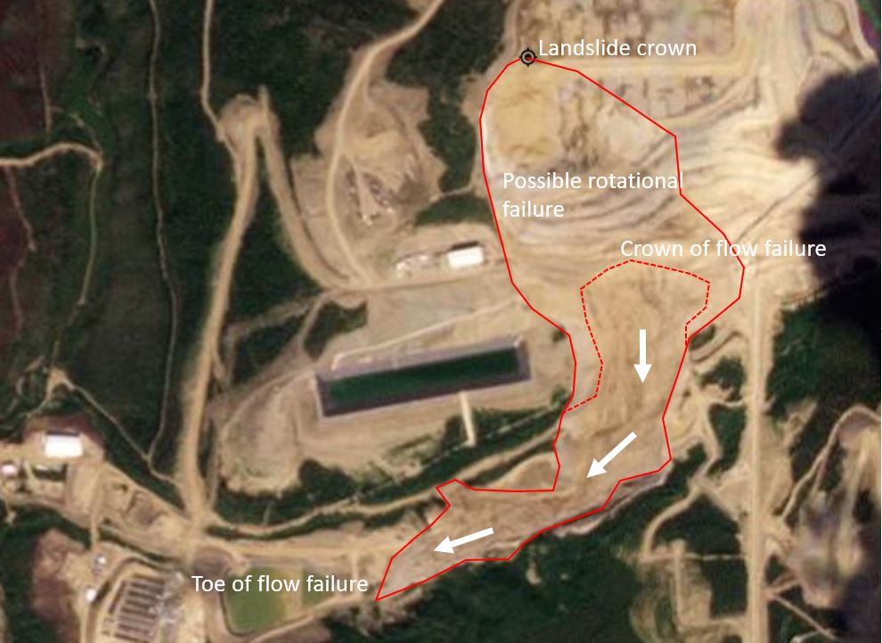 Annotated Planet Labs satellite image of the aftermath of the heap leach landslide at the Eagle Gold Mine in the Yukon.