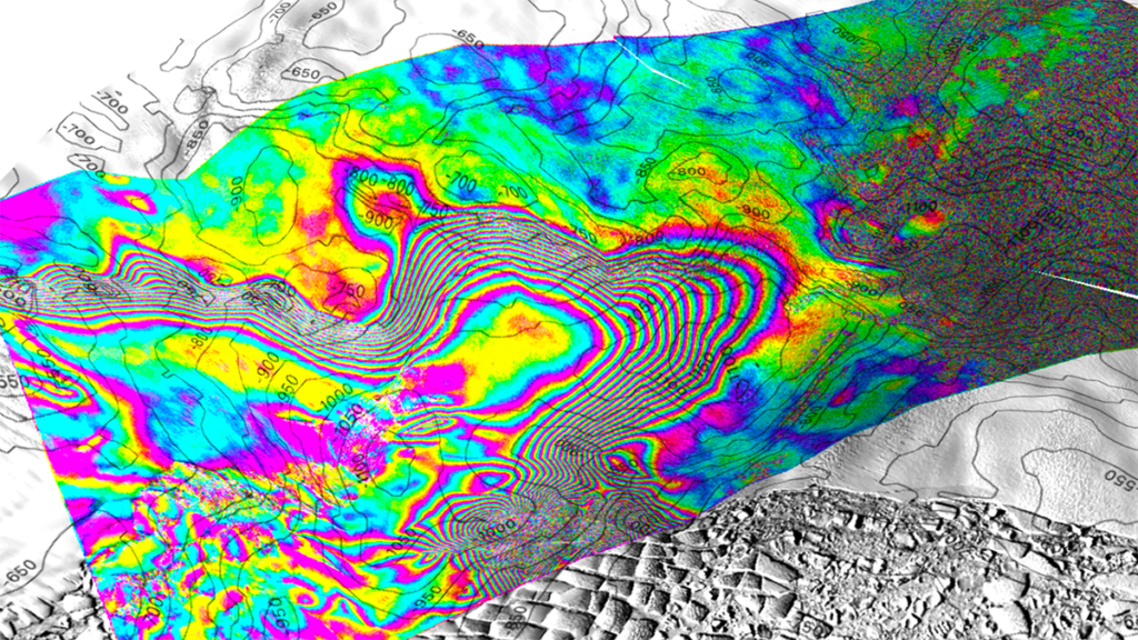 Repeating rainbow lines overlain on a grayscale topographic map of a section of Thwaites Glacier