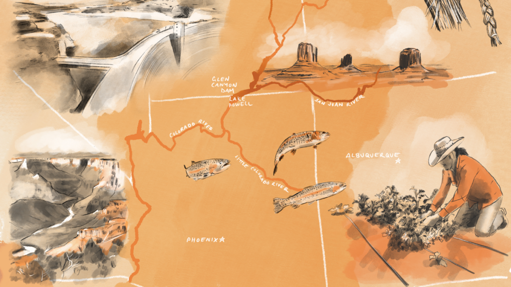 The cover of the July 2024 issue of Eos is peach- or orange-colored, with an illustration of the Colorado River basin.