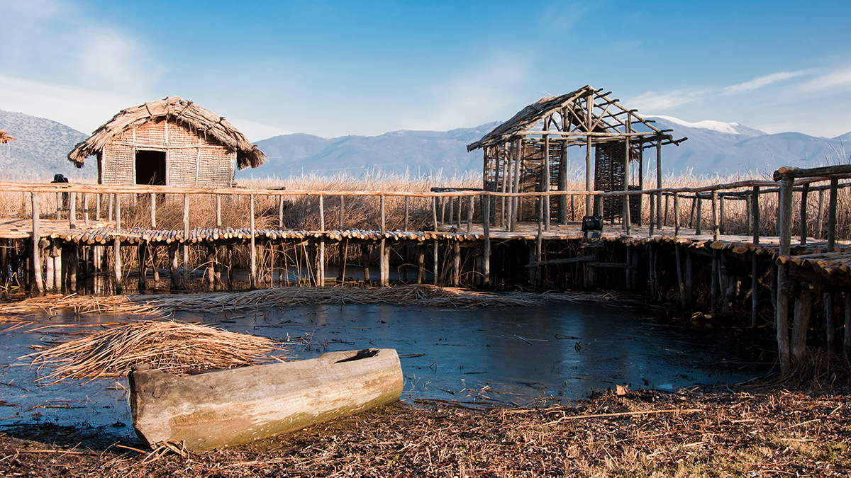 Re-created Neolithic homes on the shore of Lake Orestiada