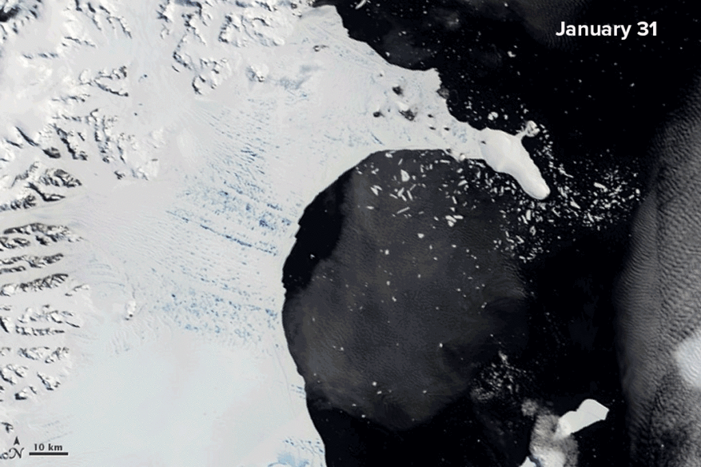 A series of satellite images of Larsen B ice shelf collapse.