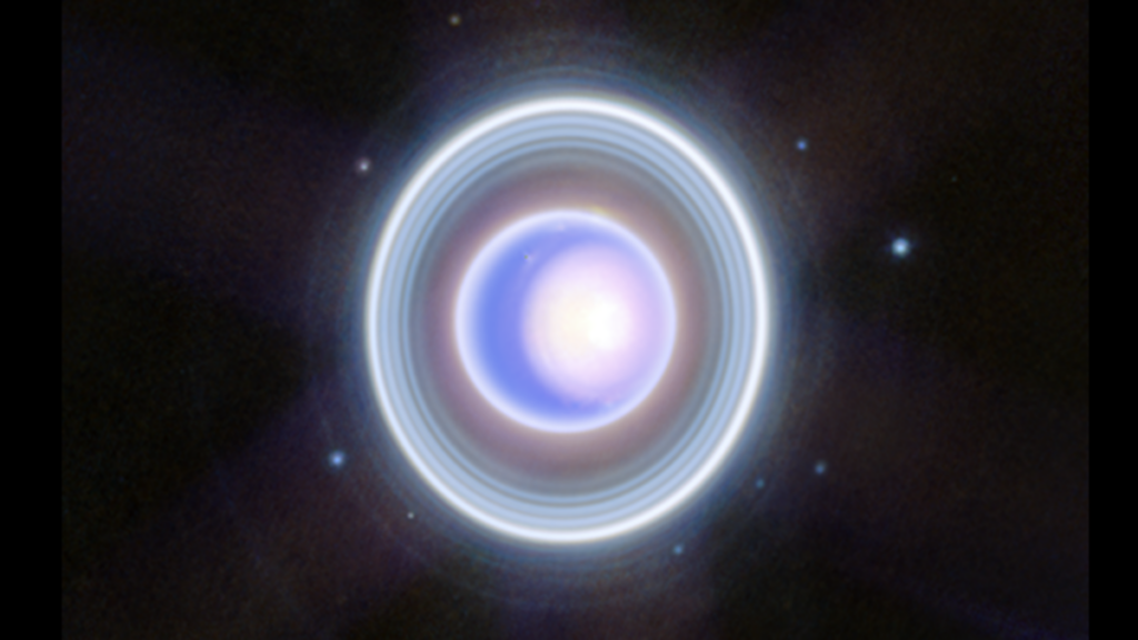 Photo of Uranus, which appears as a periwinkle-colored circle surrounded by pale blue rings