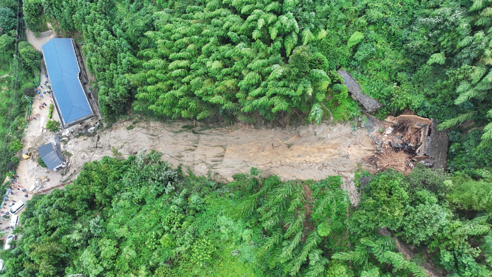 Vertical aerial image of the aftermath of the 28 July 2024 landslide at Yuelin in Hunan Province, China. 
