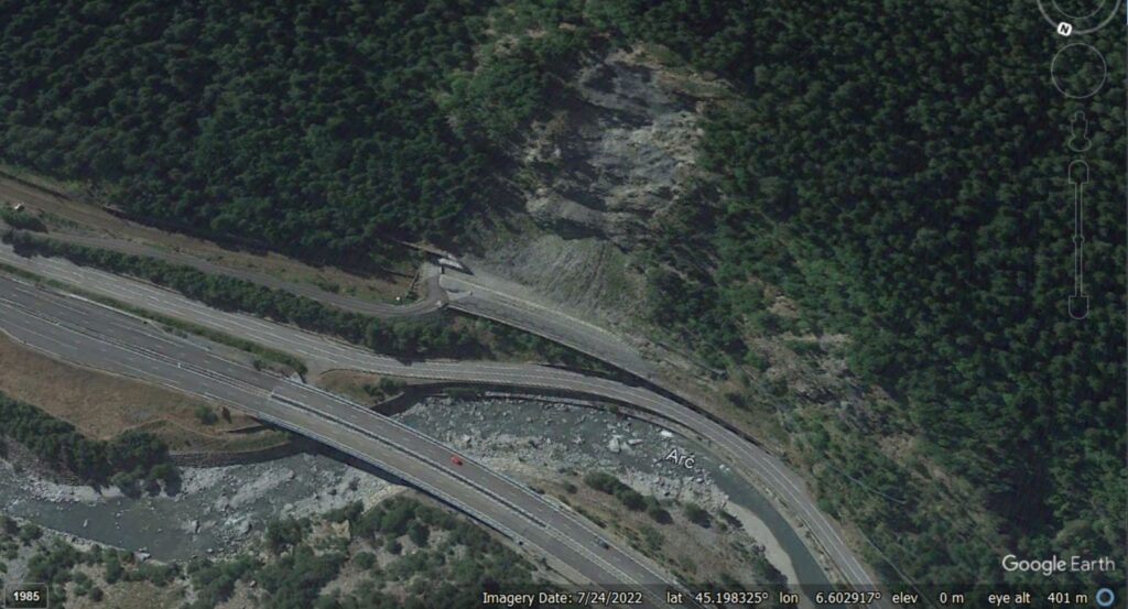 Google Earth image of the La Praz landslide in 2022.