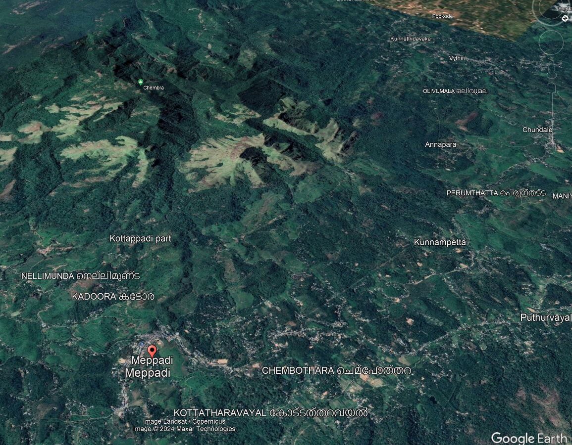 Google Earth image showing the topography of the Meppadi area of Wayanad in Kerala, India.
