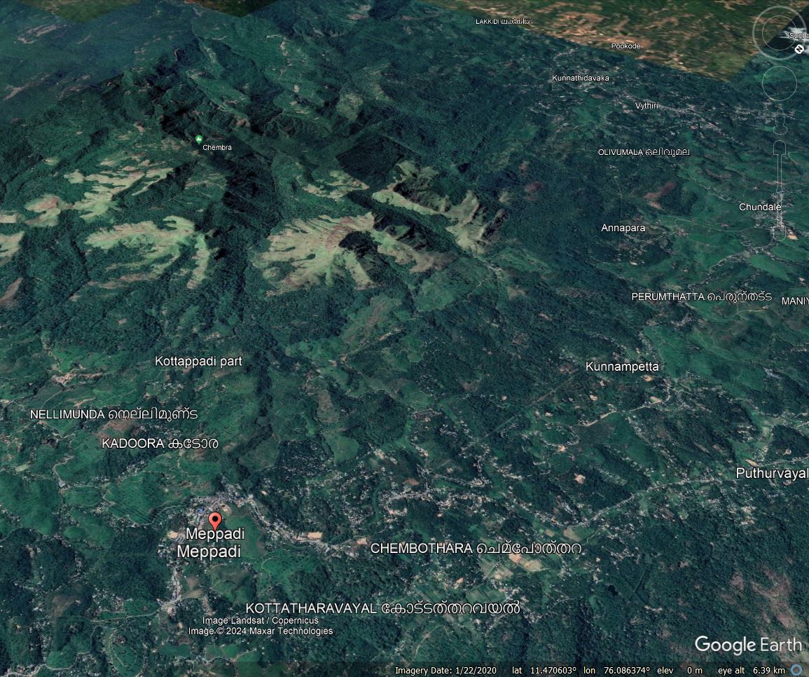 Google Earth image showing the topography of the Meppadi area of Wayanad in Kerala, India.