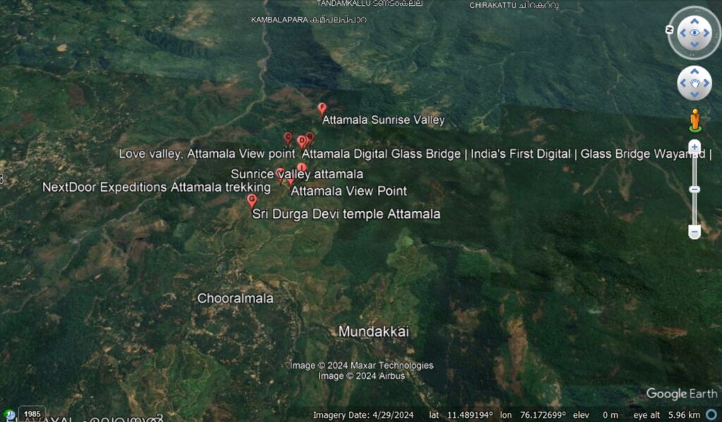 Google Earth image showing the an area that has been particularly badly affected by the landslides in Wayanad area of Kerala, India.