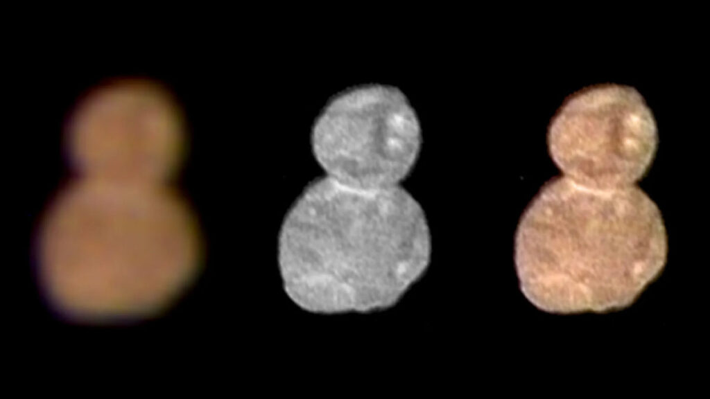 Three images of two-lobed Arrokoth in varying clarity and color.