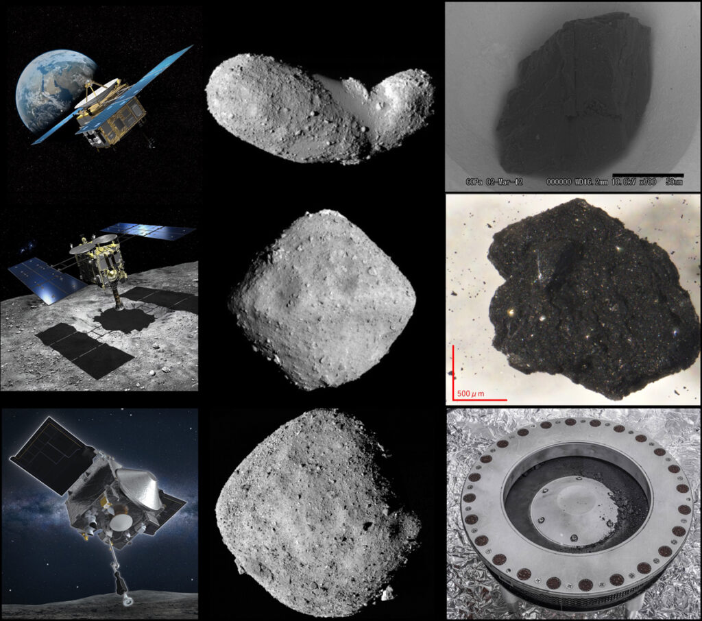 Collage de imágenes que muestra ilustraciones de tres misiones de naves espaciales de muestreo de asteroides (columna izquierda), así como fotos del asteroide objetivo de cada misión (columna central) y de partes de las muestras que recogieron (columna derecha).