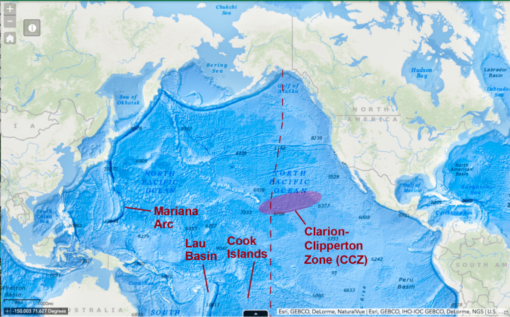 A map of the North Pacific Ocean with the Clarion-Clipperton Zone highlighted in a purple oval. The Mariana Arc, Lau Basin, and Cook Islands are also labeled.