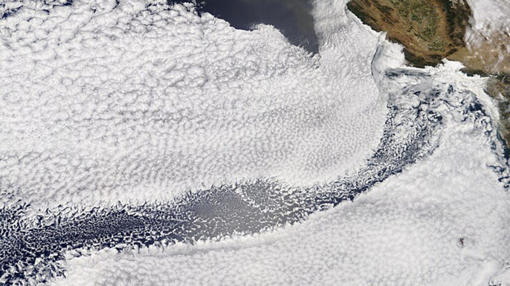 Clouds off California’s coast, captured by the Moderate Resolution Imaging Spectroradiometer (MODIS)