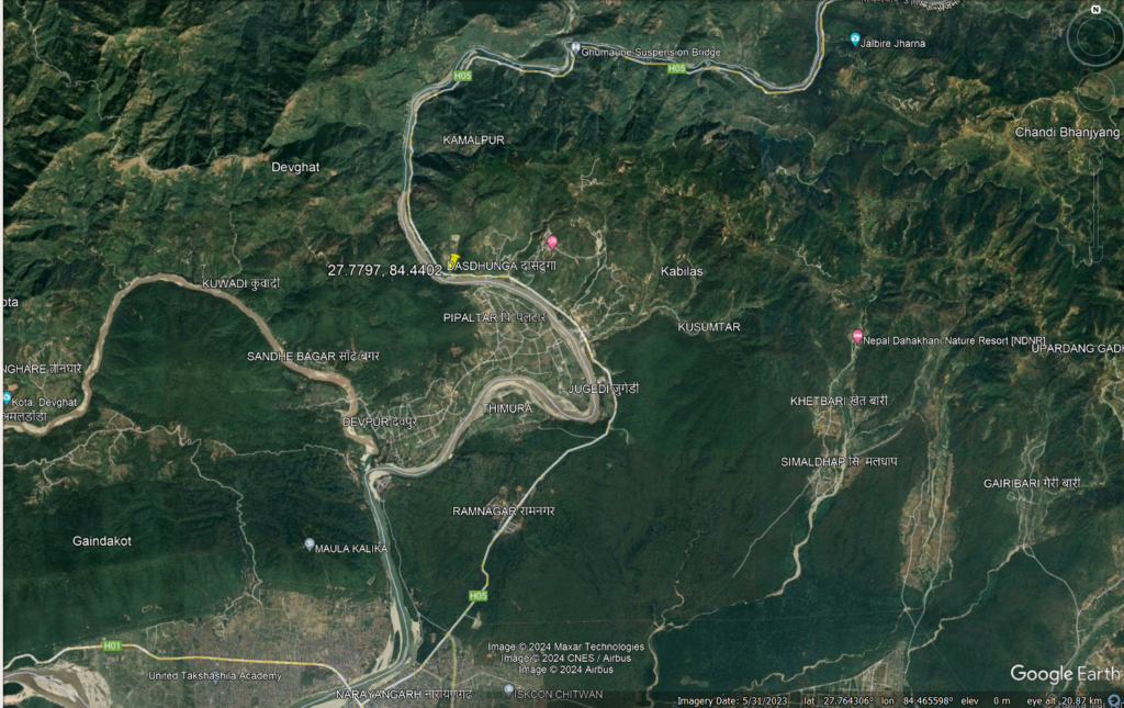 Google Earth image of the section of road affected by the 12 July 2024 landslide at Simaltal in Nepal.