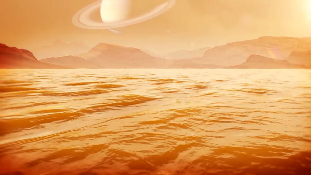 Waves ripple across a lake, with hills in the background and the hazy outline of Saturn and rings in the sky. Everything is orange.