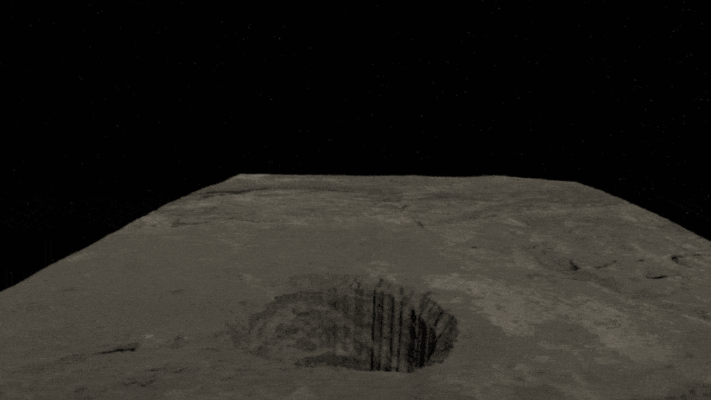 A computer simulation on a repeat loop where the viewer approaches a circular pit on the Moon, descends vertically, and then levels out to see an underground cave.