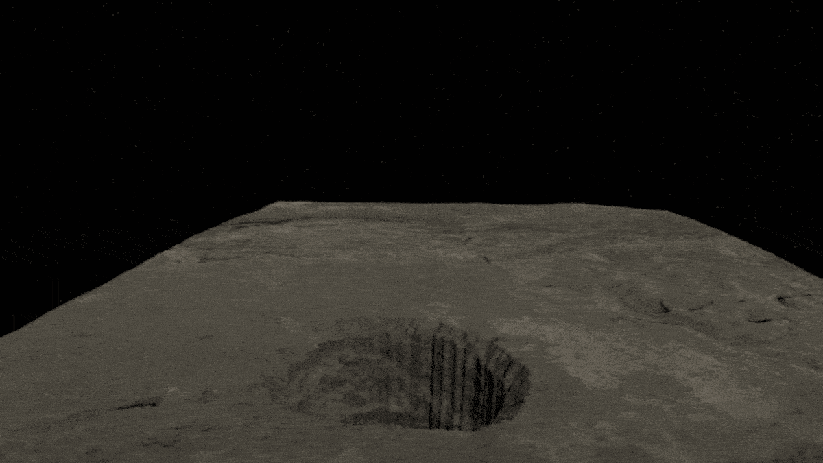A computer simulation on a repeat loop where the viewer approaches a circular pit on the Moon, descends vertically, and then levels out to see an underground cave.