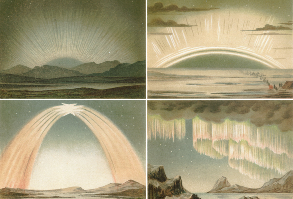 Four artist’s depictions of the northern lights, in pale colors
