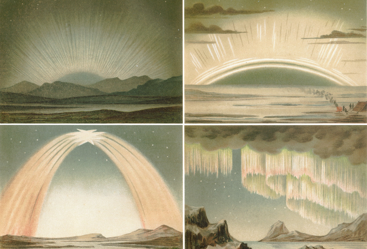 Four artist’s depictions of the northern lights, in pale colors