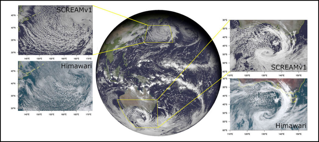 A simulated image of Earth with sidebars zooming in on two parts. The sidebars compare how SCREAMv1 simulated cloud coverage in the areas with satellite images of cloud coverage in the same areas.
