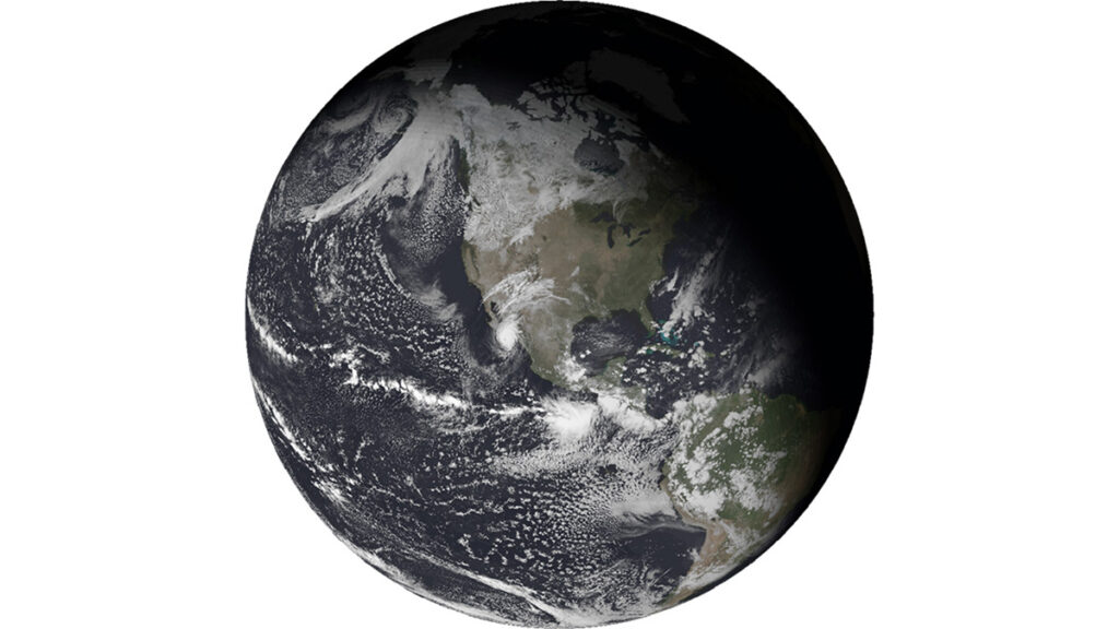 A simulated image of clouds over the Pacific Ocean and the Americas.