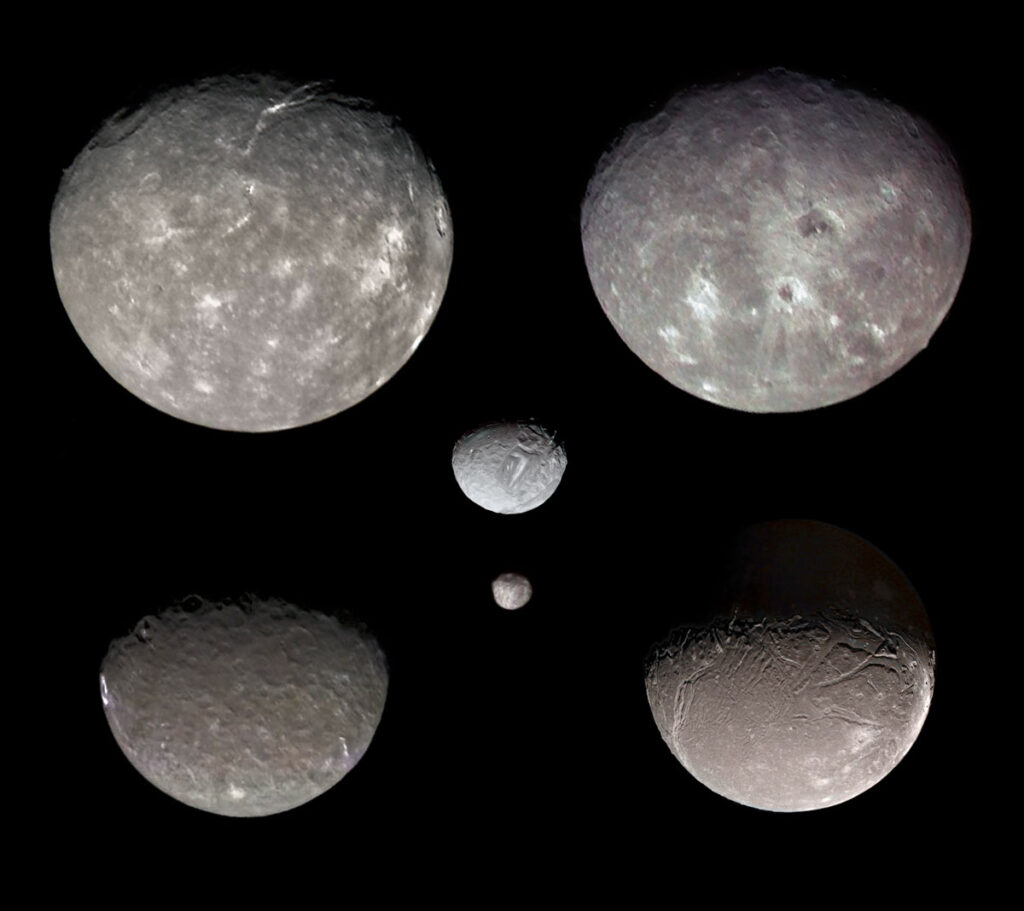 Montage of the six largest moons of Uranus: Titania, Oberon, Miranda, Puck, Umbriel, and Ariel.