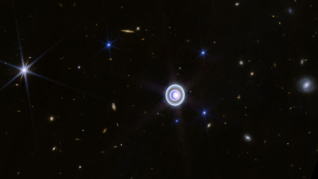 Uranus as seen with the James Webb Space Telescope’s NIRCam.