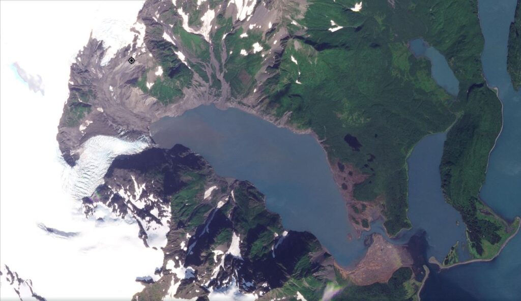 Satellite image of the aftermath of the 7 August 2024 Pedersen Lagoon landslide and tsunami in Alaska.