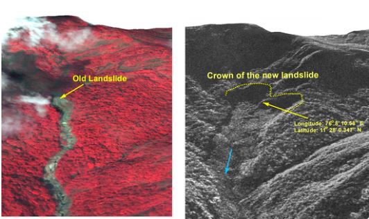 Satellite imagery of the source zone of the Wayanad landslides in India, from ISRO.