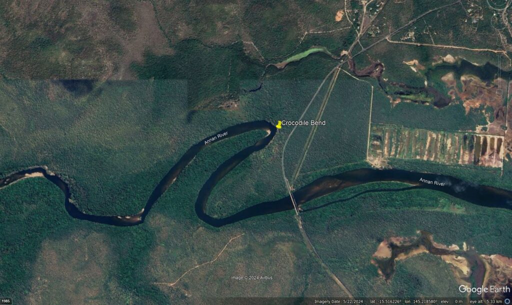 Google Earth image showing the approximate location of the riverbank collapse at Crocodile Bend, near to Cooktown in Australia.
