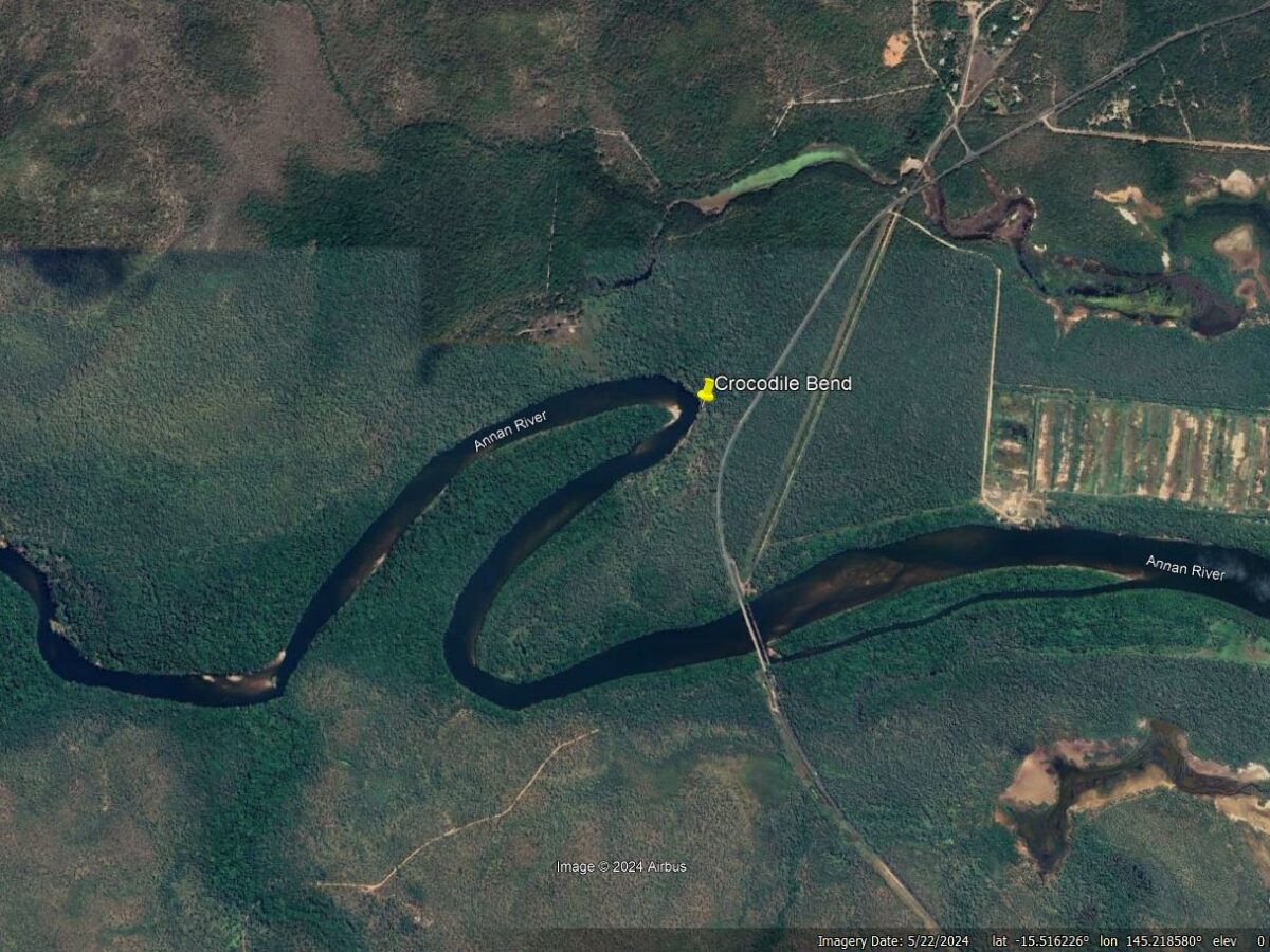 Google Earth image showing the approximate location of the riverbank collapse at Crocodile Bend, near to Cooktown in Australia.