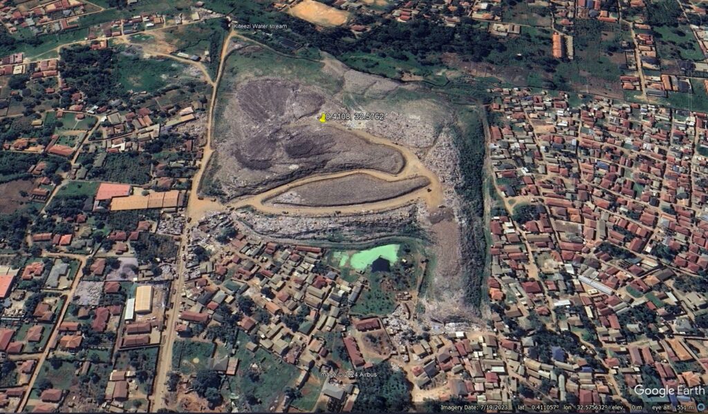 Google Earth image of the site of the 9 August 2024 garbage dump landslide at Kiteezi in Uganda.
