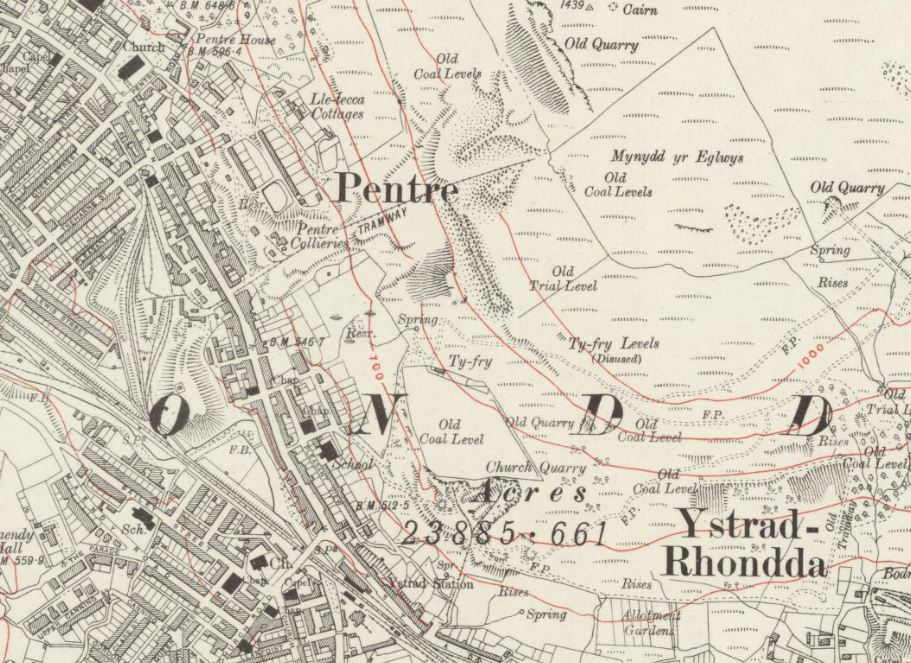 The six inch Ordnance Survey map of the site of the Pentre landslide in 1916.