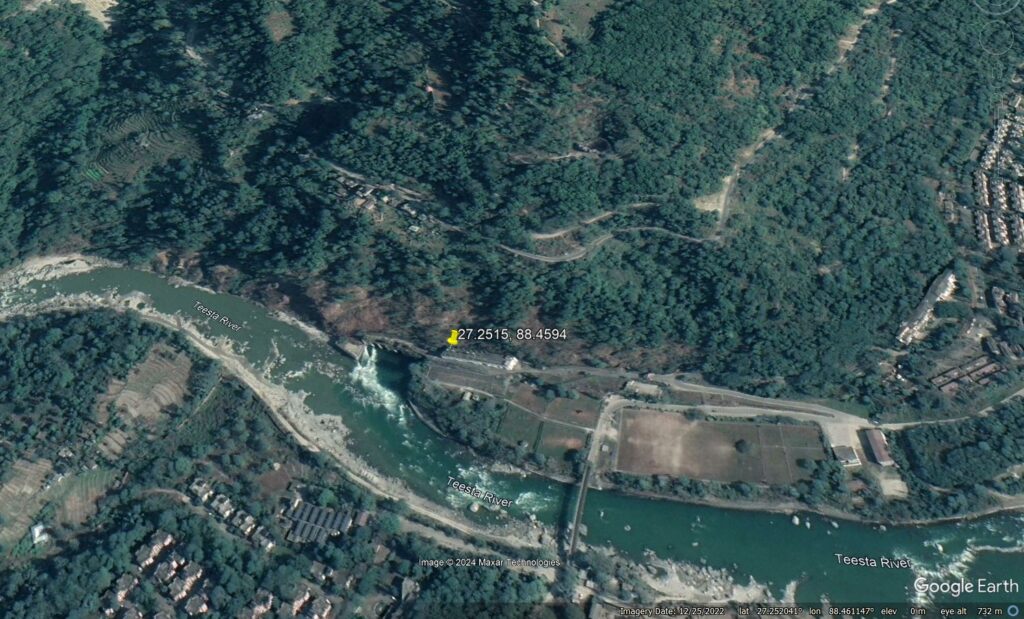 Google Earth perspective view of the 20 August 2024 landslide at the Teesta V power house in Sikkim.