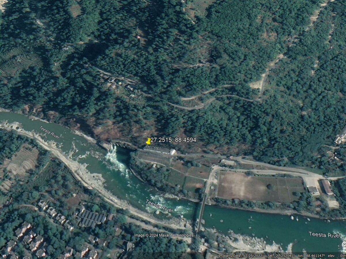 Google Earth perspective view of the 20 August 2024 landslide at the Teesta V power house in Sikkim.