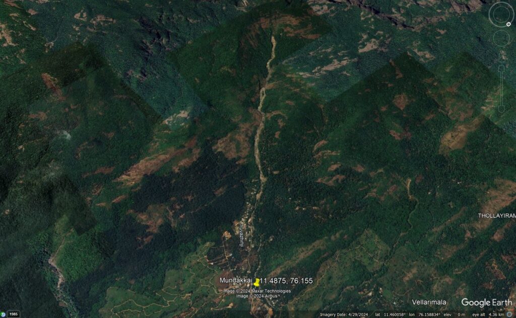 Google Earth image of the site of the 30 July 2024 Wayanad landslides in Kerala, India.
