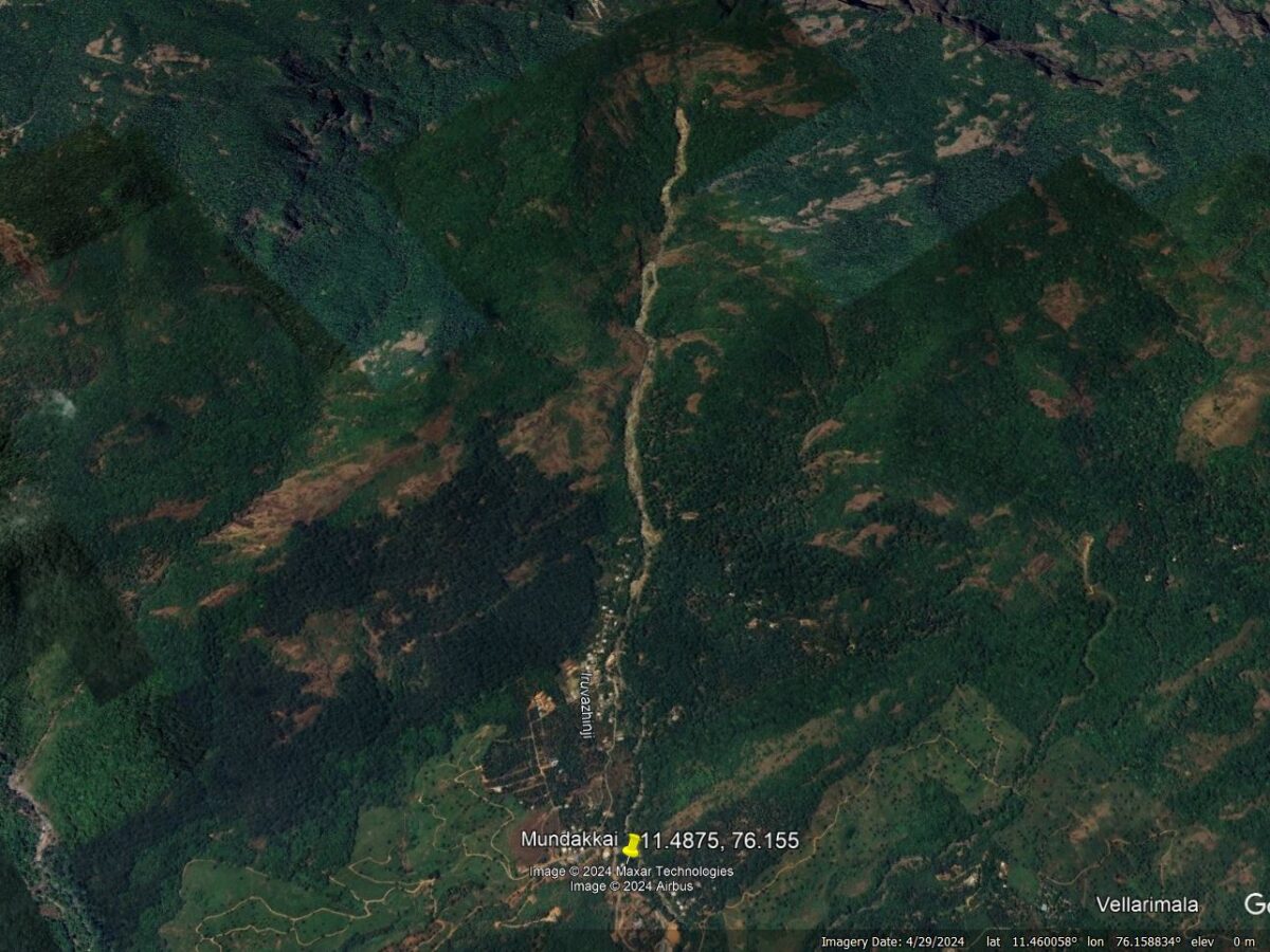 Google Earth image of the site of the 30 July 2024 Wayanad landslides in Kerala, India.