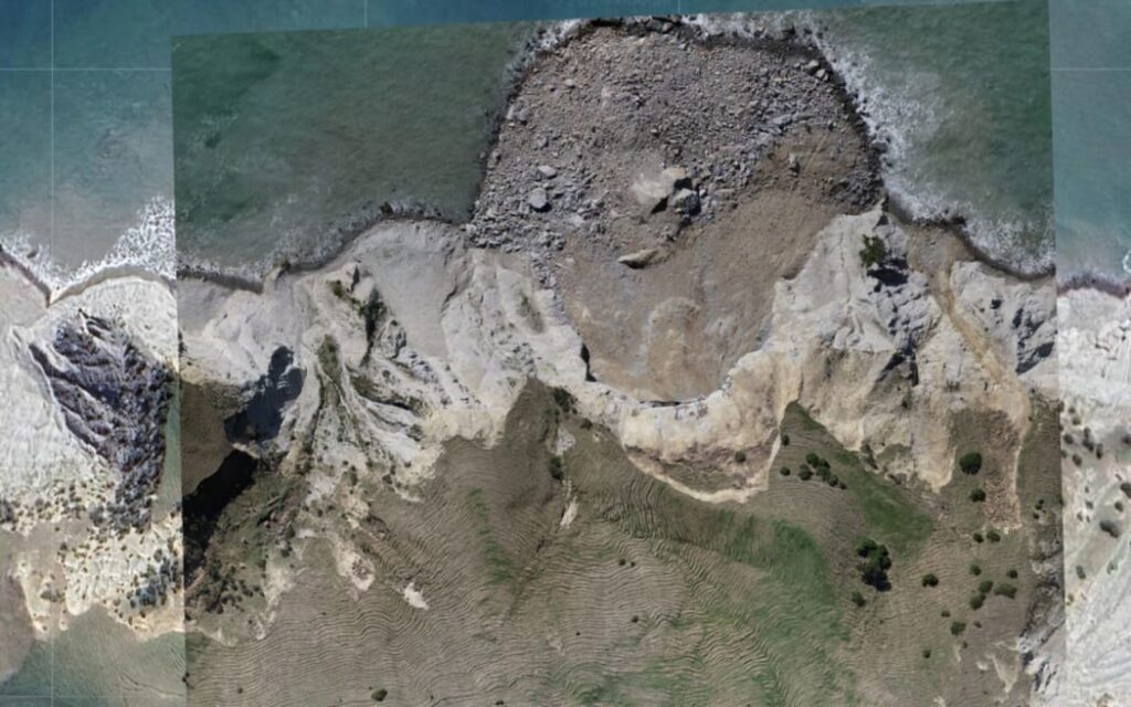 Vertical aerial image of the Te Kurī a Paoa / Young Nick’s Head landslide in Gisborne, New Zealand.