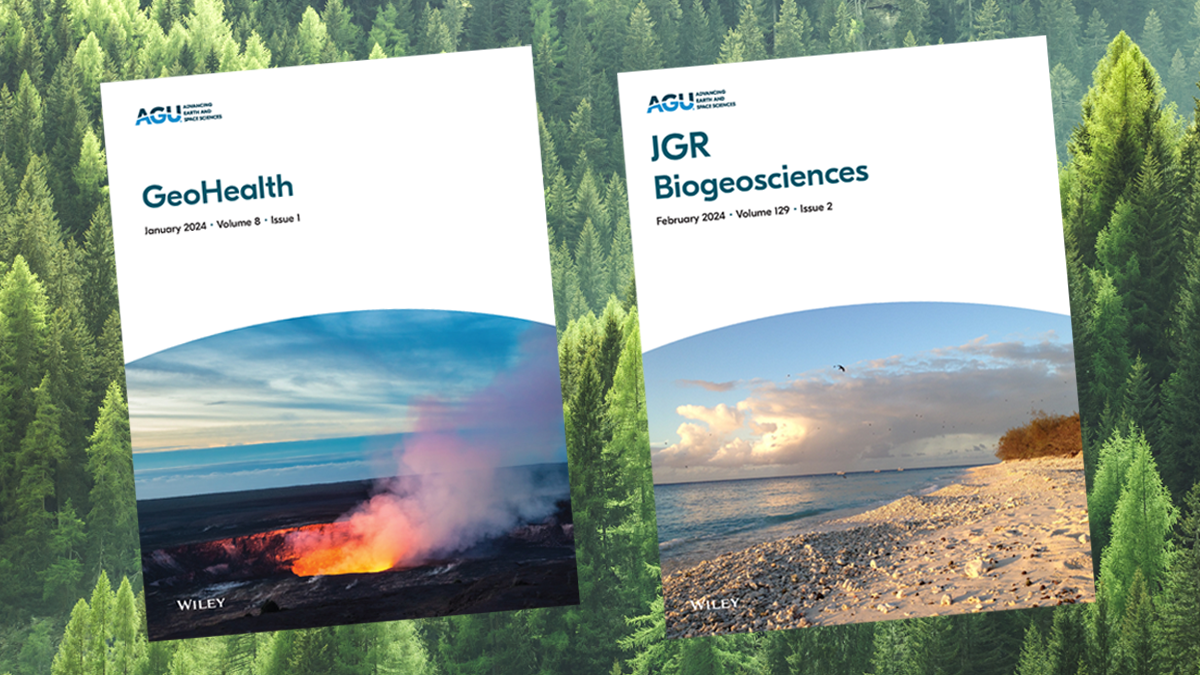 Journal covers for GeoHealth and JGR Biogeosciences in from of a green forest.