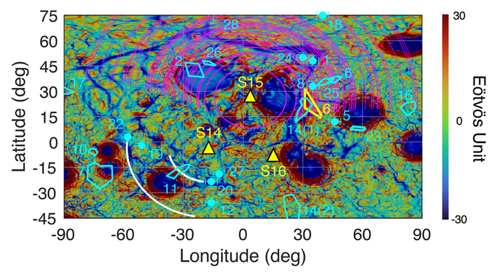 Map of the Moon with symbols.