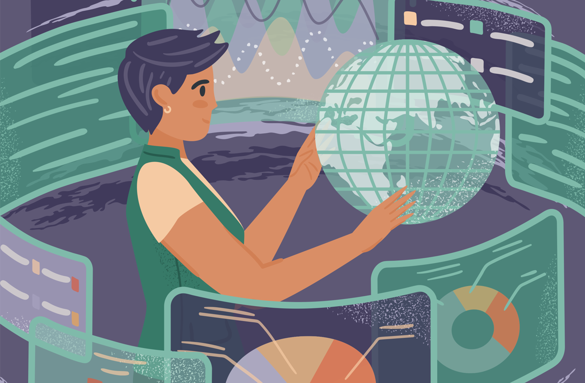 Ilustración de una mujer sujetando un globo terráqueo rodeado de pantallas de computadora.