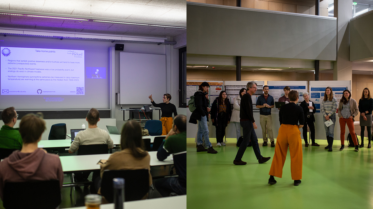 Side-by-side images of multiple individuals in a classroomlike setting and in a posteer hall