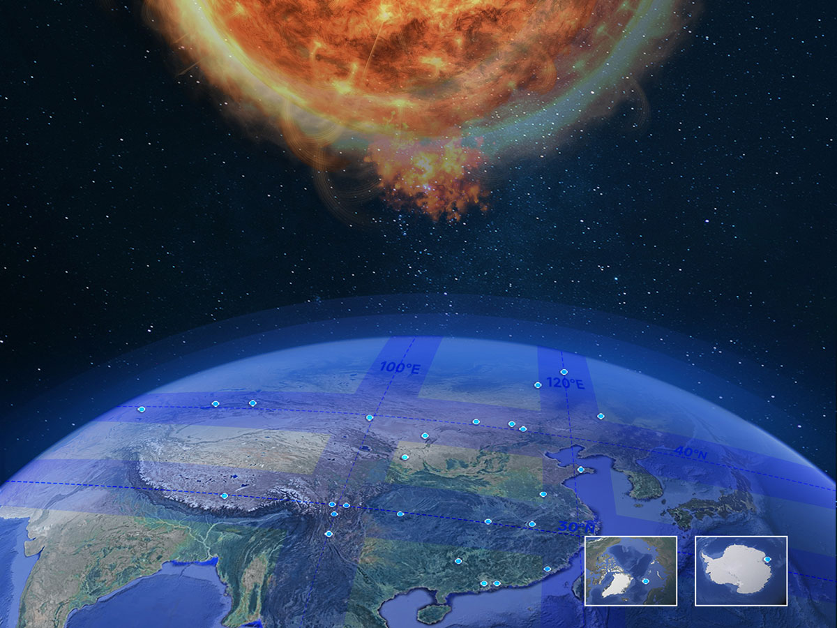 An artist’s depiction of the Sun, Earth, and the space between them. Dots on Earth mark the locations of ground-based instruments for monitoring space weather.
