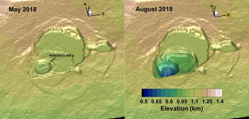 Pair of topographic map images showing the collapse at Kīlauea volcano’s Halema’uma’u crater that occurred between May (left) and August (right) 2018.