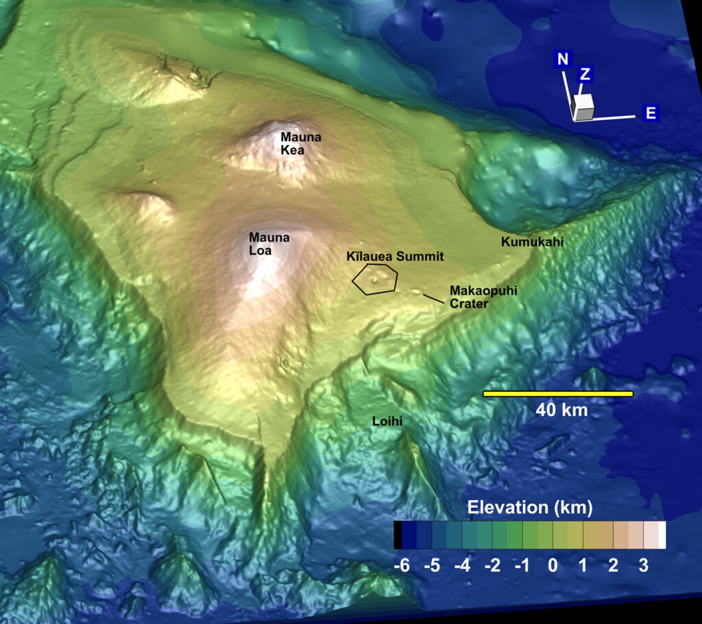 Perspective-view map of the island of Hawai‘i showing the topography of the island and the surrounding seafloor, and with major features like the location of Kīlauea volcano’s summit identified.