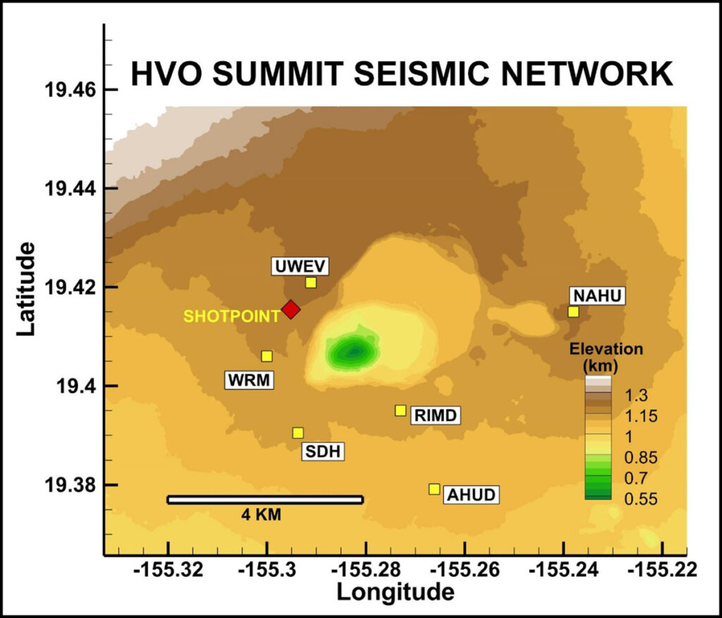 Map showing the elevation of the landscape and locations several permanent seismic monitoring stations around the summit of Kīlauea volcano.