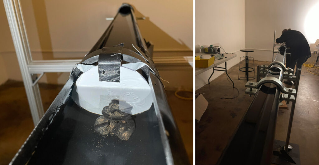 This pair of images shows a submerged rock sits in a long black tube (left) in front of a white polyethylene backing during laboratory testing of InVADER and an engineer (right) standing over the tube and preparing the instrument for testing.
