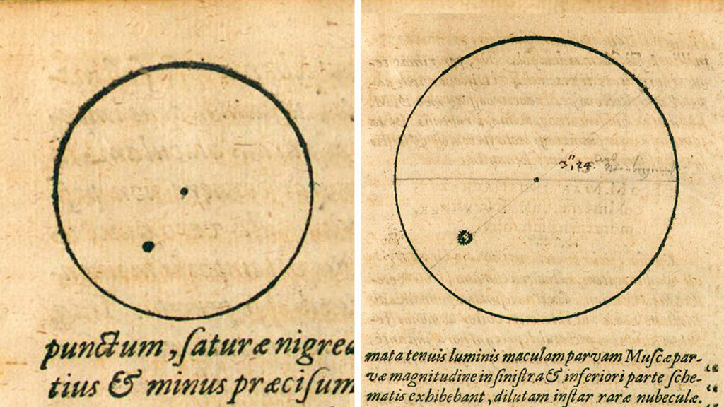 Two drawings by astronomer Johannes Kepler of circles with black dots indicating sunspots
