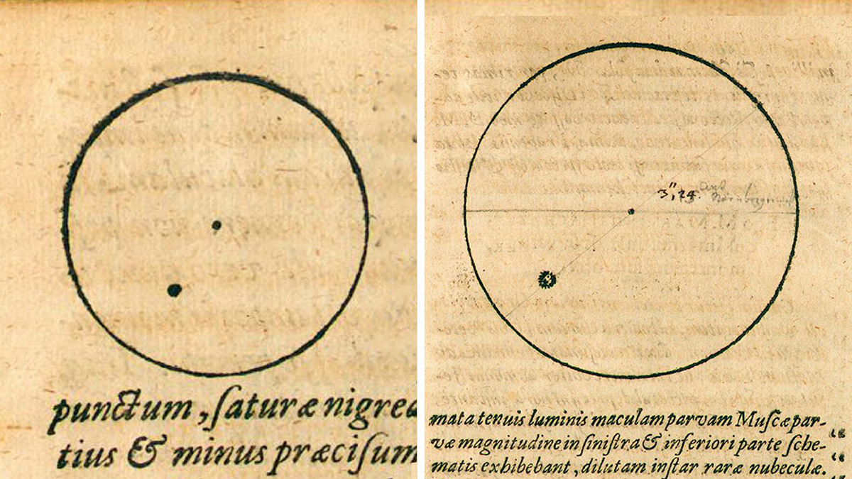 Two drawings by astronomer Johannes Kepler of circles with black dots indicating sunspots